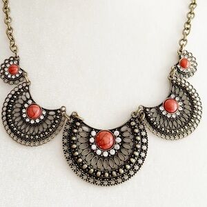 Vintage Statement Necklace Bronze Filigree Rhinestone Coral Cabochon 18”+3” Ext